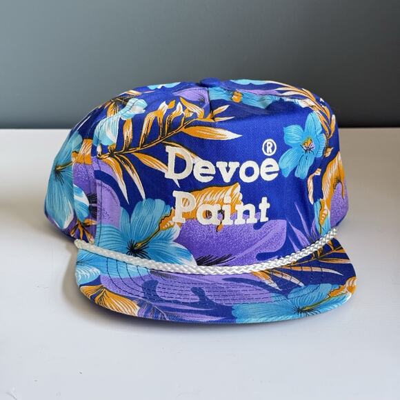DEVOE‎ PAINT Trucker Hat-Black Hawaiian Print-Floral-Zip Back-Rope Bill-Vtg T3 - Picture 1 of 10